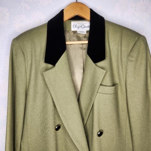 Vintage 80s Double Breasted Velvet Collar Khaki Neutral Blazer Jacket - Picture 9 of 9